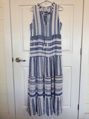 Japna Blue and White Sleeveless Tiered Maxi Dress resort vacation beachy